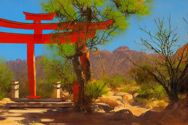 Prompt: a painting in the style of anders zorn of a beautiful large shinto shrine with a torii in a natural setting, soft lighting, seasonal weather, in the desert southwest