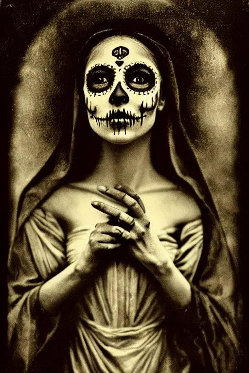 Prompt: photogravure, tintype virgin mary in dia de muertos dress and make up, horrific beautiful vibe, evocative, atmospheric lighting, painted, intricate, highly detailed, leesha hannigan, wayne haag, reyna rochin, ignacio fernandez rios, mark ryden, iris van herpen, stunning, gorgeous, sharp focus, cinematic, masterpiece