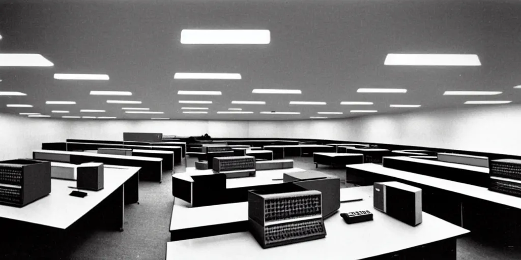 Image similar to a large 1970's computing room with 9-track machines and glowing screens. by IBM by Amdahl.