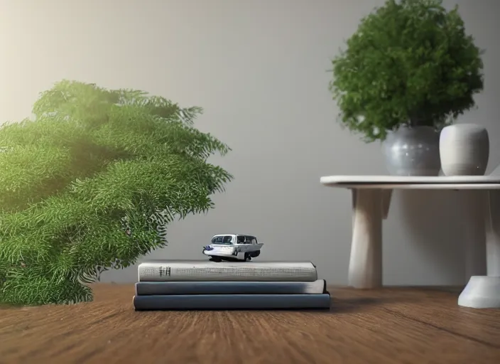 Image similar to a small miniature of a Ford Cortina 1980 on a white table near a book and a vase with a plant, 3d render, octane render, unreal engine 5, path tracing, serene landscape, calm, relaxing, beautiful landscape, highly detailed, high quality, 4k, symmetrical, low contrast