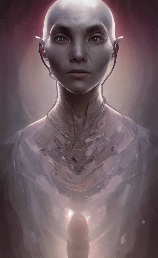 Prompt: portrait of a grey alien, pretty, confident, intricate, headshot, highly detailed, digital painting, artstation, concept art, sharp focus, cinematic lighting, illustration, art by artgerm and greg rutkowski, alphonse mucha, cgsociety