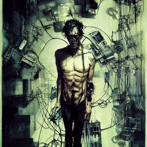 Image similar to thomas jane as a cyberpunk noir detective, skulls, wires cybernetic implants, machine noir grimcore, in the style of adrian ghenie esao andrews jenny saville surrealism dark art by james jean takato yamamoto and by ashley wood