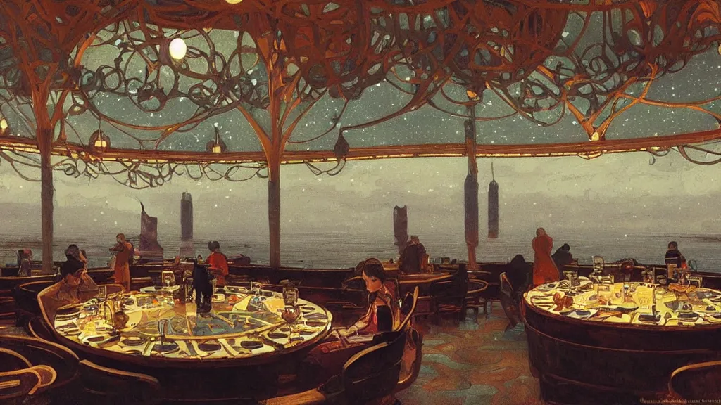 Prompt: a beautiful painting of the view from the river of the interior of a round restaurant designed by frank lloyd wright, at night with a sky full of stars, intricate, elegant, highly detailed, digital painting, artstation, concept art, by krenz cushart and artem demura and alphonse mucha