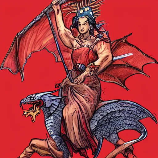 Prompt: Lady Liberty riding the red dragon of china. illustration concept art in the style of Arthur Adams