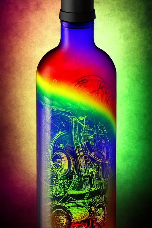 Image similar to photo of a rainbow colored filigran steampunk bottle, band merchandise, bandname is tripmachine, realistic digital art, label on the bottle is printed with a 3 d render of a huge futuristic steampunk generator, 8 k, fluorescent colors, halluzinogenic, multicolored, exaggerated detailed, unreal engine