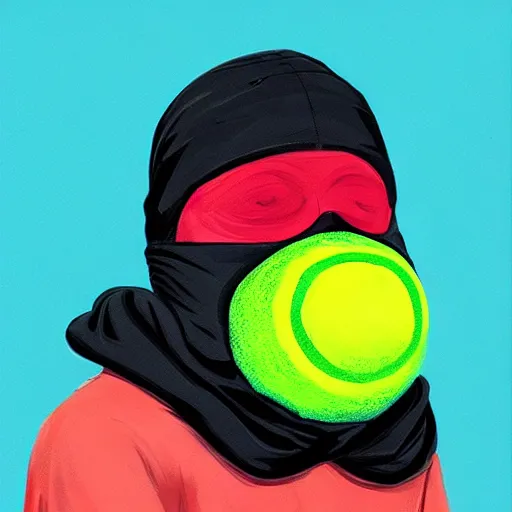 Image similar to a tennis ball monster with a tennis racquet, ski mask, balaclava, face covered smooth, intricate, elegant, power aura, digital painting, artstation, concept art, sharp focus, illustration, art by basil gogos - h 6 4 0