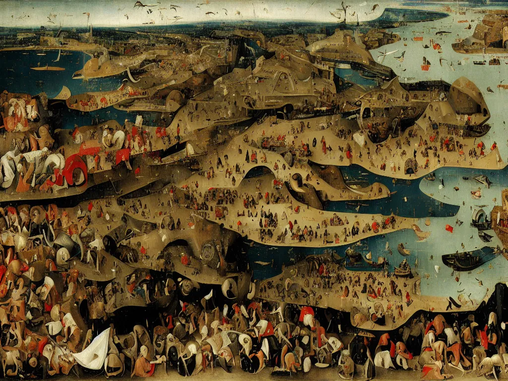 Image similar to lorries stuck in a queue at dover by hieronymus bosch, 4 k