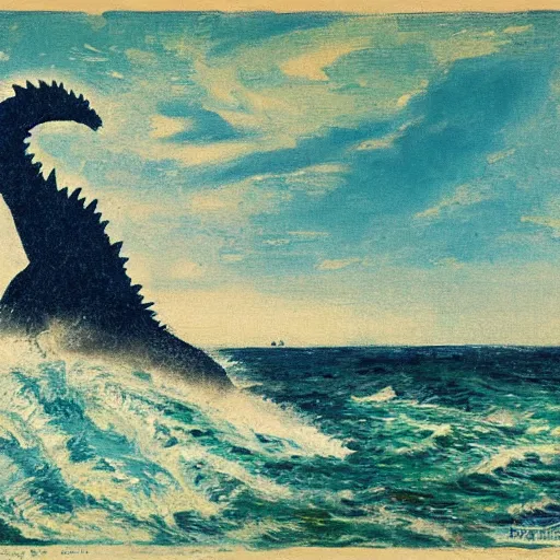 Prompt: a post-Impressionist illustration of Godzilla rising from the sea by Henri Rivière