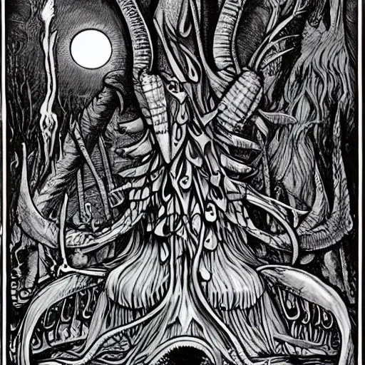 Prompt: and, as in uffish thought he stood, the jabberwock, with eyes of flame, came whiffling through the tulgey wood, and burbled as it came | by lewis carroll and hp lovecraft with doctor seuss and hr giger