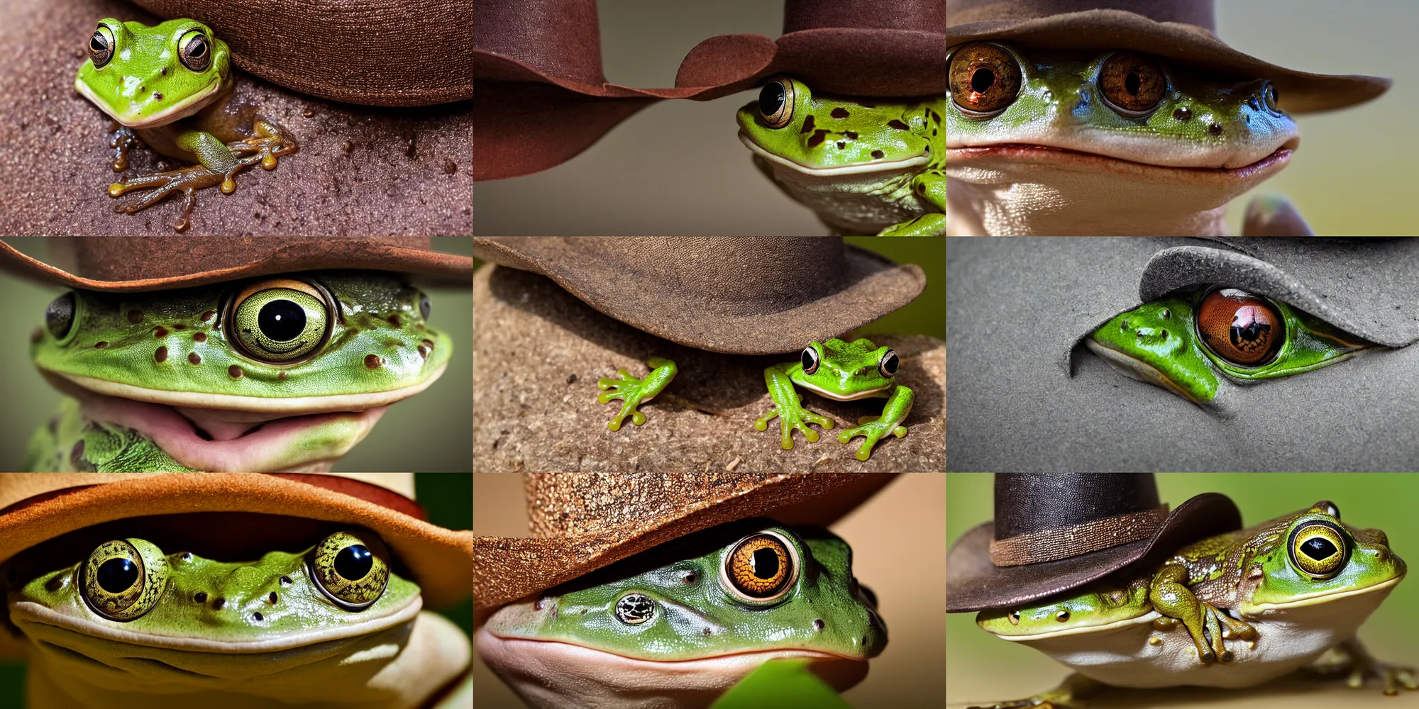 Prompt: a frog wearing a cowboy hat, a macro photograph, shutterstock contest winner, uhd image, shiny eyes, macro photography