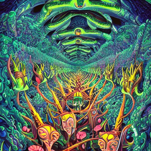 Image similar to dmt-machine-elves by artist-Nathan-Spoor, crawling across the circus floor, climbing up the winding trees