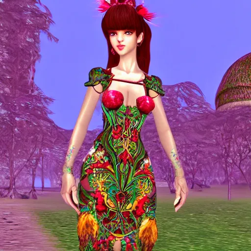 Image similar to cute female forest spirit wearing ornate floral cybernetic mughal valentino resort dress in a 3 d psx ps 2 jrpg style, esoteric scifi magical alien ruins ritual environment, fashion gameplay screenshot, highly detailed, atelier, xenogears