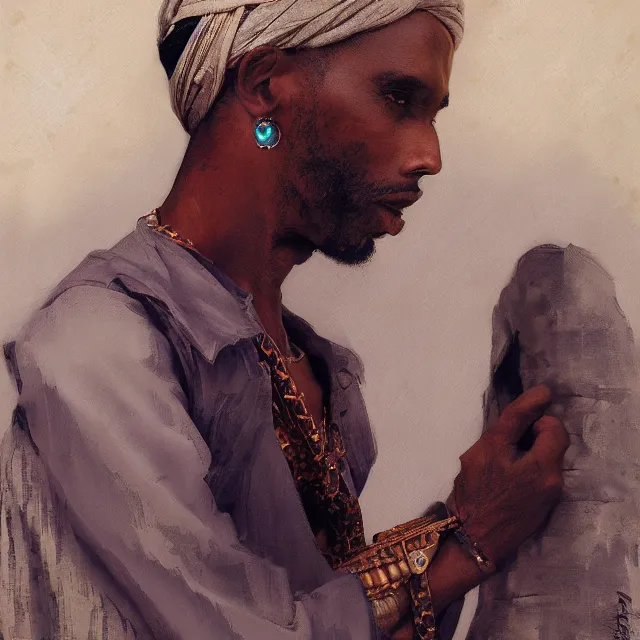 Image similar to somali man, somali attire, portrait, elegant, intricate, digital painting, artstation, concept art, smooth, sharp focus, illustration, art by konstantin korovin and daniel f. gerhartz and john howe