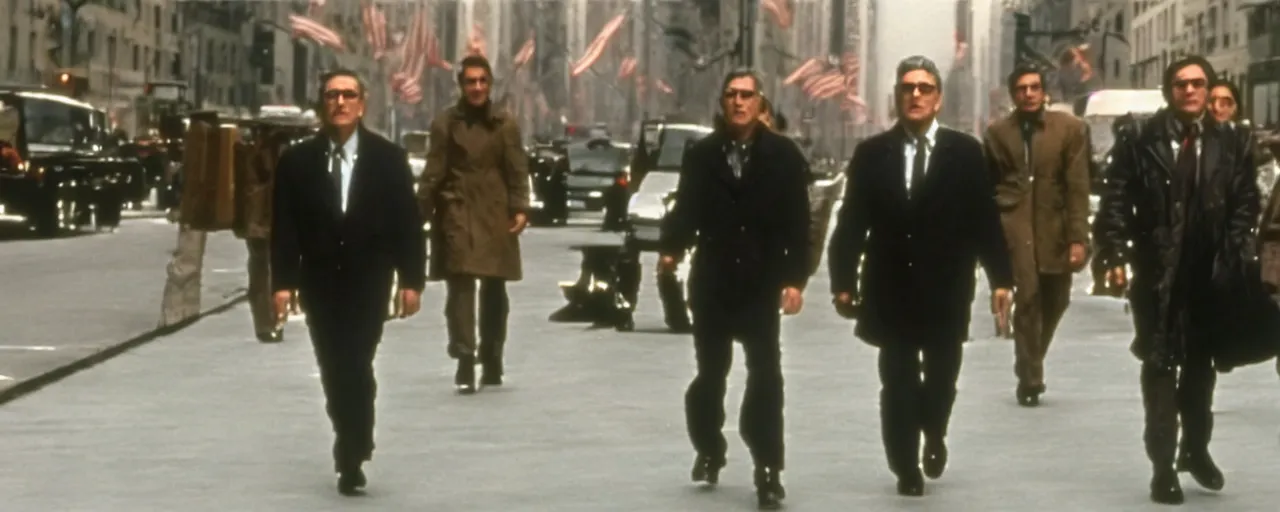 Prompt: a film still of an enormous robotic Robert de Niro strolling down fifth Avenue high quality .