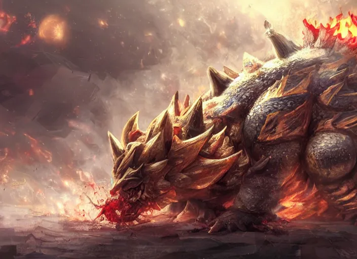 Image similar to detailed concept art of a huge giant bowser by cheng yi and luolin, aartstation, artstationhd, detailed scales, spiky and red hair tuft. bowser, bowser nintendo, koopa, ~ bowser # bowser ( ( mario ) ) bcy. net, realistic. cheng yi, fire breathing. bowser