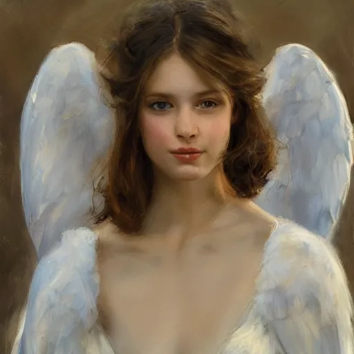 Image similar to a beautiful portrait of an angel with pretty face and her huge white wings spread out painted by gerhartz, highly detailed, beautiful, back lit, graceful and elegant, ethereal.