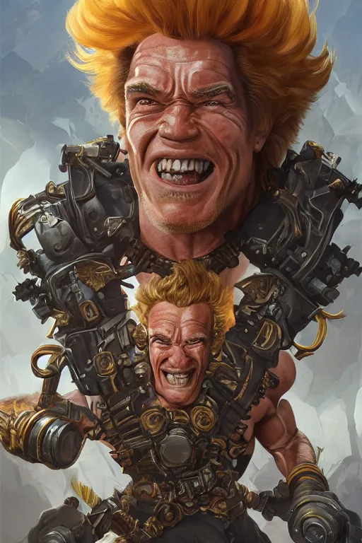 Image similar to portrait of arnold schwarzenegger as junkrat from overwatch, full body, fantasy, intricate, elegant, highly detailed, digital painting, artstation, concept art, sharp focus, illustration, art by artgerm and greg rutkowski and alphonse mucha