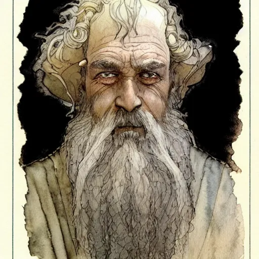 Image similar to a simple and atmospheric watercolour fantasy character concept art portrait of an old and wise wizard, very muted colors, by rebecca guay, michael kaluta, charles vess and jean moebius giraud