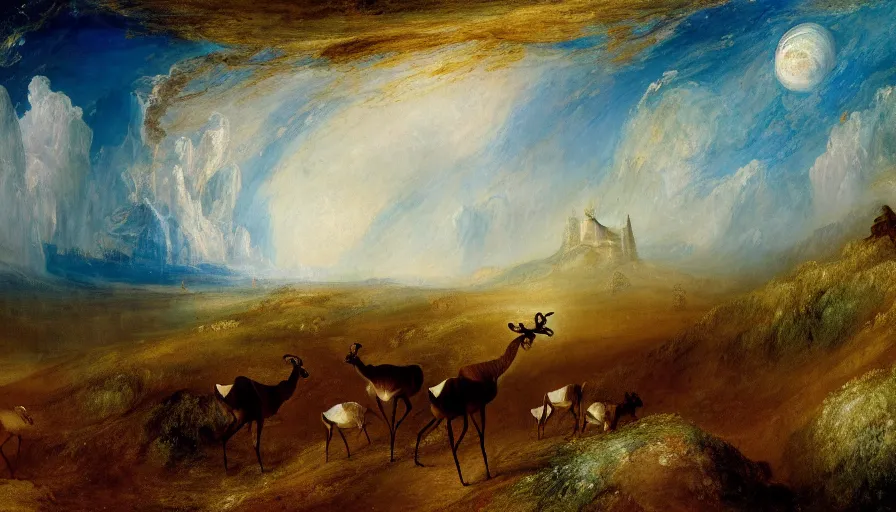 Image similar to highly detailed painting of antelopes in a flower garden on the moon by william turner, thick brush strokes and visible paint layers, 4 k resolution