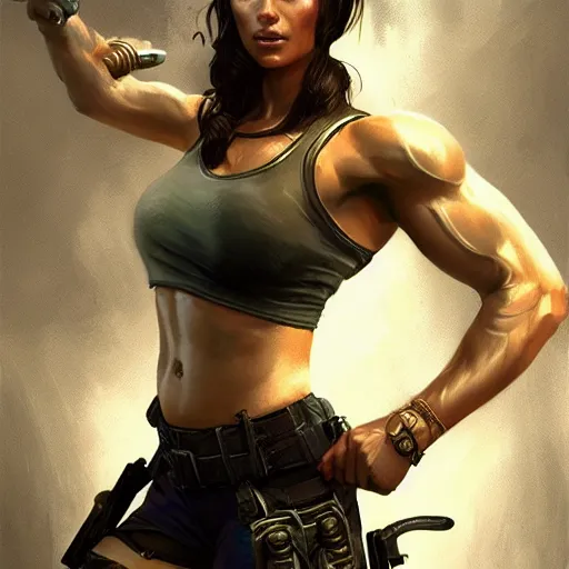 Prompt: portrait of lara croft as a female bodybuilder police officer, fantasy, intricate, elegant, highly detailed, digital painting, artstation, concept art, matte, sharp focus, illustration, art by aenaluck and roberto ferri and greg rutkowski, epic fantasy, digital painting