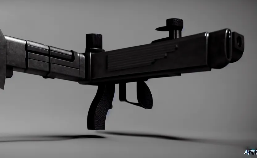 Image similar to futuristic submachine gun on a smooth white table, design concept art, minimalist, studio lighting, 3d render, octane render, photorealistic, highly detailed, intricate detail, trending on artstation