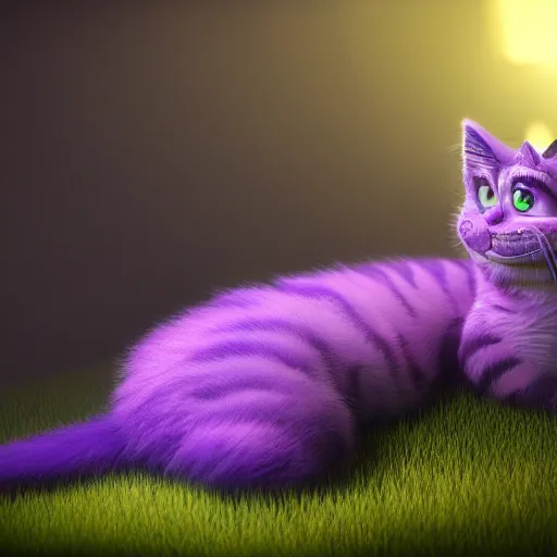 Image similar to full body pose, hyperrealistic photograph of the cheshire cat as a kitten, dim volumetric lighting, 8 k, octane beautifully detailed render, extremely hyper detailed, intricate, epic composition, cinematic lighting, masterpiece, trending on artstation, very very detailed, stunning, hdr, smooth, sharp focus, high resolution, award, winning photo, dslr, 5 0 mm