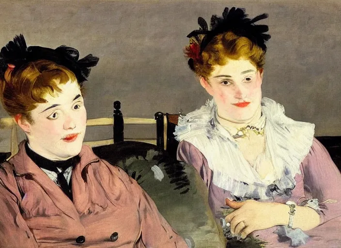 Prompt: portrait of a lesbian couple!!! high details! moody! smiling!! romantic, slight fog!!! by édouard manet