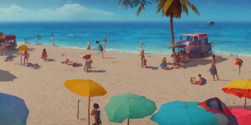 Image similar to a film still of a sunny and colourful beach scene in santa monica, los angelos, top shot, waist up, wes anderson, studio ghibli, pixar and disney animation, sharp, rendered in unreal engine 5, anime key art by greg rutkowski, bloom, dramatic lighting