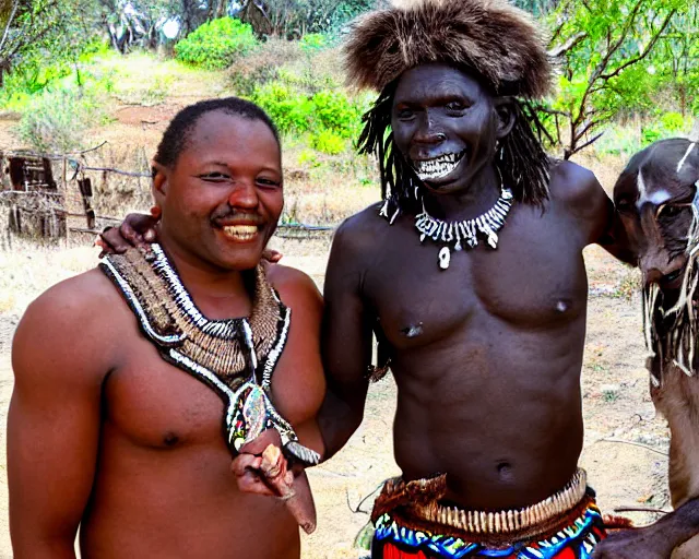 Image similar to zulu tribal warrior made out of teeth with a friendly american tourist. the tourist is in a cage.