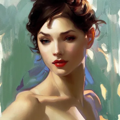 Image similar to painted portrait of a beautiful woman by artgerm, gil elvgen, greg manchess, mucha