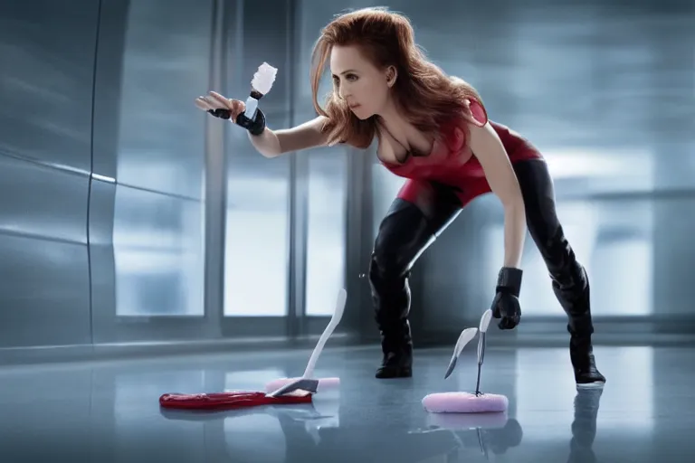 Image similar to close up of scarlet johannson as a female android on her hands and knees polishing the floor with a toothbrush, high resolution film still, clean composition, highly symmetric body, 4 k, hdr color