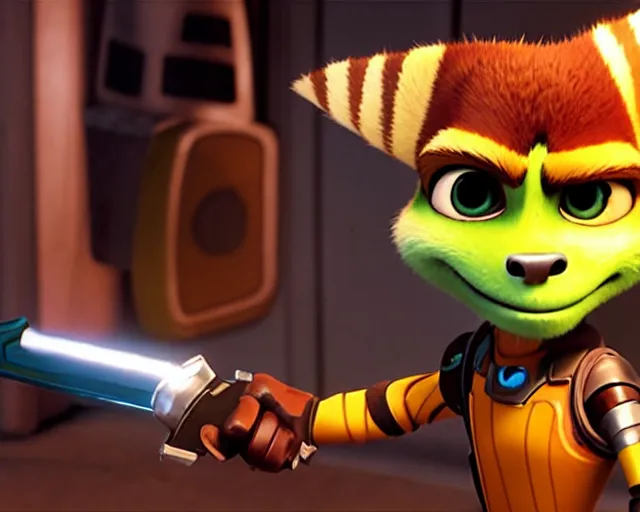 Image similar to film still of ratchet and clank with a hatchet in the new horror movie
