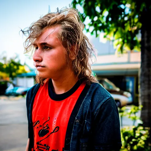 Prompt: A bogan with a mullet haircut waiting for the bus, Canon EOS R3, f/1.4, ISO 200, 1/160s, 8K, RAW, unedited, symmetrical balance, in-frame