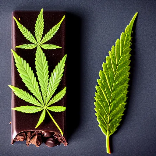 Prompt: a chocolate bar shaped like a cannabis leaf, product photography