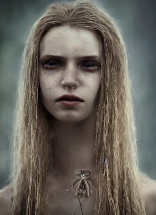 Image similar to closeup portrait of a young female vampire, depth of field, zeiss lens, detailed, symmetrical, centered, fashion photoshoot, by Annie Leibovitz and Steve McCurry, David Lazar, Jimmy Nelsson, Breathtaking, 8k resolution, extremely detailed, beautiful, establishing shot, artistic, hyperrealistic, beautiful face, octane render