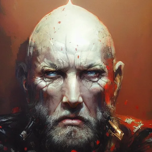 Image similar to an acrylic on canvas portrait painting of the high council leader by Greg Rutkowski, Artgerm and Beksinski. Epic fantasy background.