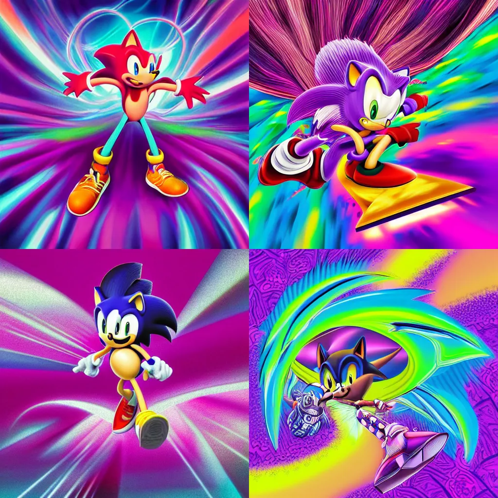 Prompt: surreal, sharp, detailed professional, high quality airbrush art MGMT album cover of a liquid dissolving LSD DMT sonic the hedgehog surfing through cyberspace, purple checkerboard background, 1990s 1992 prerendered graphics raytraced phong shaded album cover