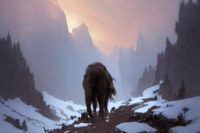 Image similar to a mammoth walking in a terrible snowstorm, luminous sky, by greg rutkowski and alphonse mucha, gradient brown to white, rocky mountains background, highly detailed landscape, digital painting, artstation, concept art, smooth, sharp focus illustration