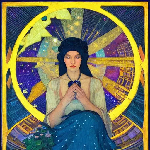 Image similar to queen of the moon with stars in her hair, by nicholas roerich and annie swynnerton and donato giancola and diego rivera and dulac, dramatic lighting, god rays, geometric tattoos, rich colors, smooth sharp focus, extremely detailed, leo and diane dillon, adolf wolfli