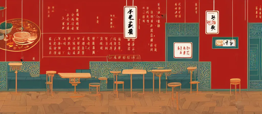 Prompt: a beautiful simple 4 k hd wall paper illustration of interior view of the corner of roasted string hotpot shop, simple style, wall painting, from china, with merchant logo, simple structure, surrealistic, chinese style, victo ngai, james jean, denoise, deblurring