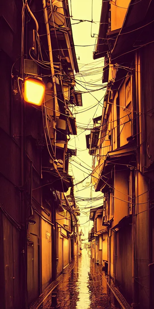 Image similar to tokyo alleyway, rainy day, lights, ( ( ( cables ) ) ) by cory loftis, makoto shinkai, hasui kawase, james gilleard, beautiful, serene, peaceful, lonely, golden curve composition
