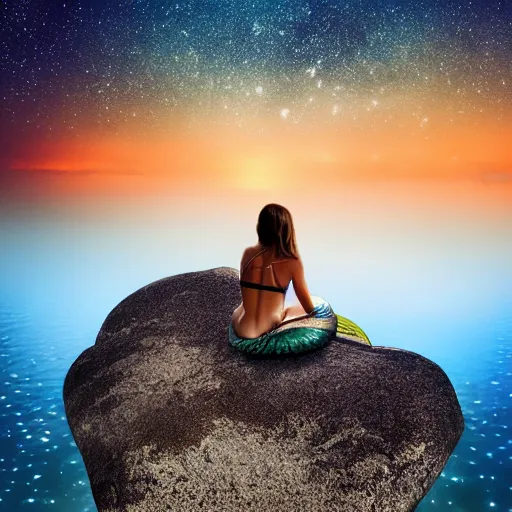 Image similar to a mermaid sitting on a rock, beach, starry sky, sunset