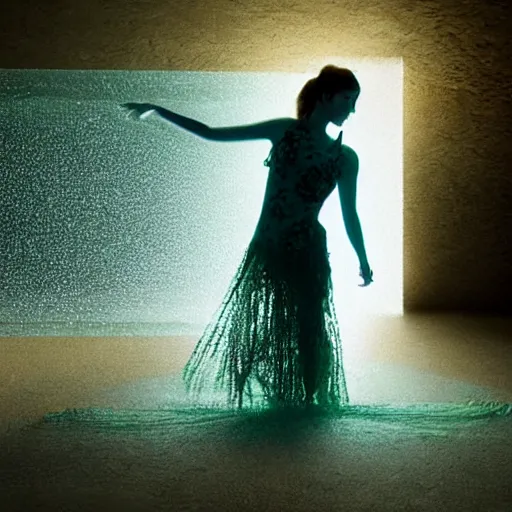 Image similar to woman dancing underwater wearing a dress made of seaweed that is flowing in the current, lighting with caustics from sunlight, cinematic, photorealistic