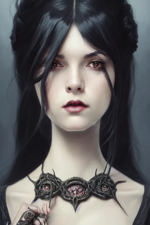 Prompt: Portrait of seductive female necromancer, D&D, revealing stylish dress, choker on neck, long black hair, mouth slightly open, slight nerdy smile, fantasy, intricate, elegant, highly detailed, digital painting, artstation, concept art, smooth, sharp focus, illustration, art by artgerm and greg rutkowski and alphonse mucha