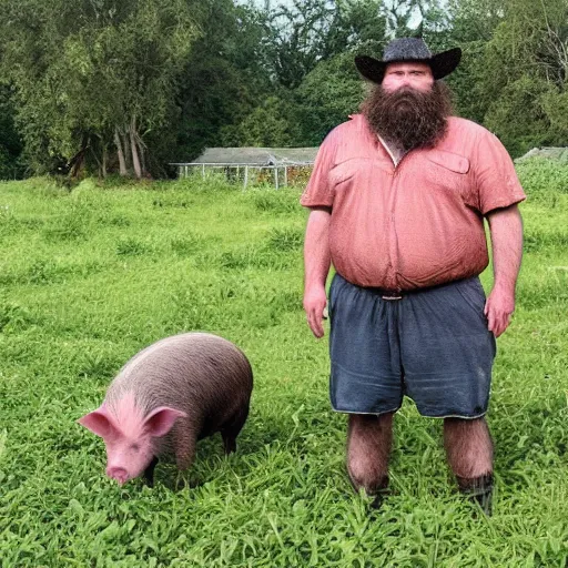 Prompt: a large bearded pig farmer