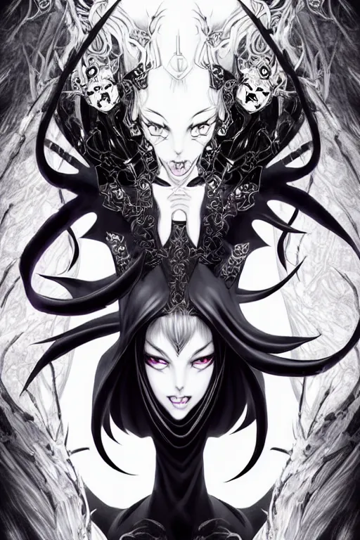 Image similar to one beautiful demon queen woman only, evil smile, manga style only, black white and gold colors only, symmetrical face, symmetrical full body, demonic, cinematic, powerful, super detailed and intricate, hyper realistic, 4 k render, by artgerm, by kyoung hwan kim, by ralph mcquarrie, by yoshiyuki tomino