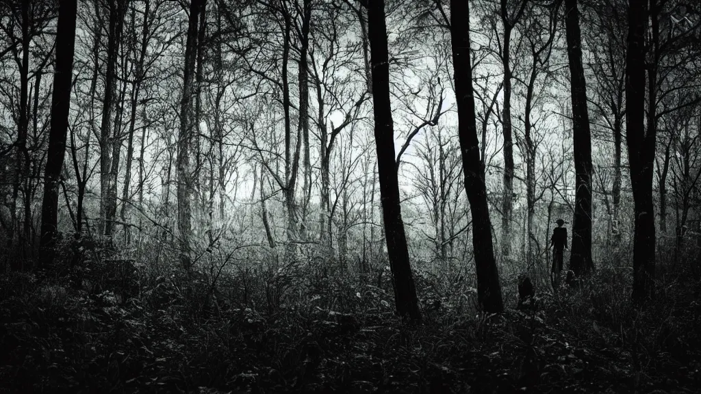 Prompt: a creeture hiding in the forest through a night vision