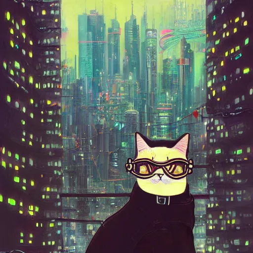 Prompt: a painting of a cat wearing goggles with a city in the background, cyberpunk art by hikari shimoda, trending on artstation, panfuturism, dystopian art, circuitry, sci - fi