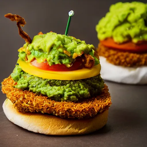 Image similar to vegan hamburger with guacamole topping and crispy fried onion topping and a fried egg topping, crispy buns, 8 k resolution, professional food photography, studio lighting, sharp focus, hyper - detailed