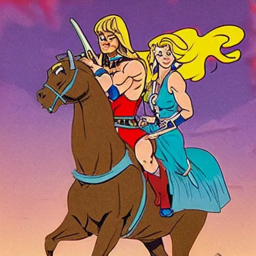 Prompt: He-Man, She-Ra, and Skeletor riding a horse together